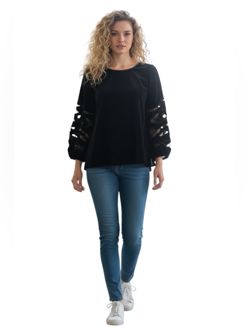 JOIE Anthropologie Velvet Cut Out Blouse Black Size XL Balloon sleeves